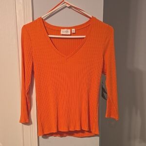 Cyrus Vibrant Orange Ribbed Long Sleeve Blouse